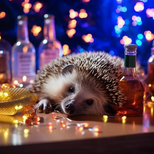 drunk femail hedgehog with the smile, in the night dress, lying on the table in the night club, open bottles on the table, disco lights
