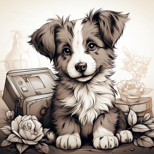 cute puppy with heart pillow, coloring page --s 750