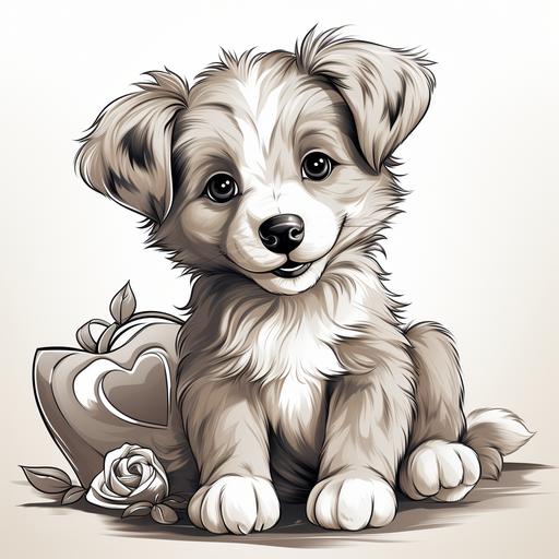cute puppy with heart pillow, simple lines, coloring page, ar 85:110 --s 750