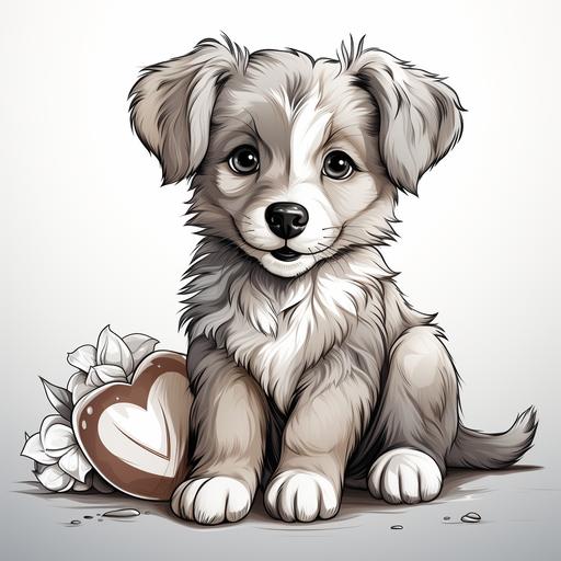 cute puppy with heart pillow, simple lines, coloring page, ar 85:110 --s 750