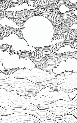 coloring page for adults, peaceful sky with stars, low detail, thick lines, outline only, no shading, --ar 5:8