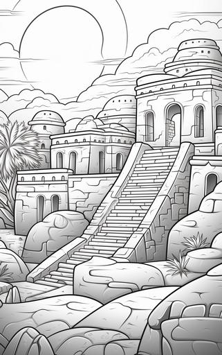 coloring page for kids, ancient city at sunset, cartoon style, thick lines, low detail, no shading --ar 5:8