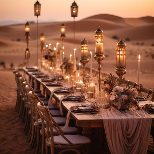 wedding tables decoration in sahara desert, chairs, tables, linen, rugs, oversized dried flowers, long sheer curtains, candlelight, photorealistic, mystic, ar-16:9, 4K