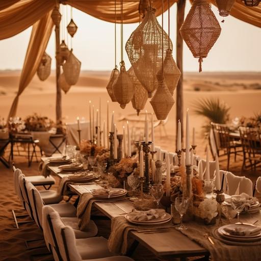 wedding tables decoration in sahara desert, chairs, tables, linen, rugs, oversized dried flowers, long sheer curtains, candlelight, photorealistic, mystic, ar-16:9, 4K
