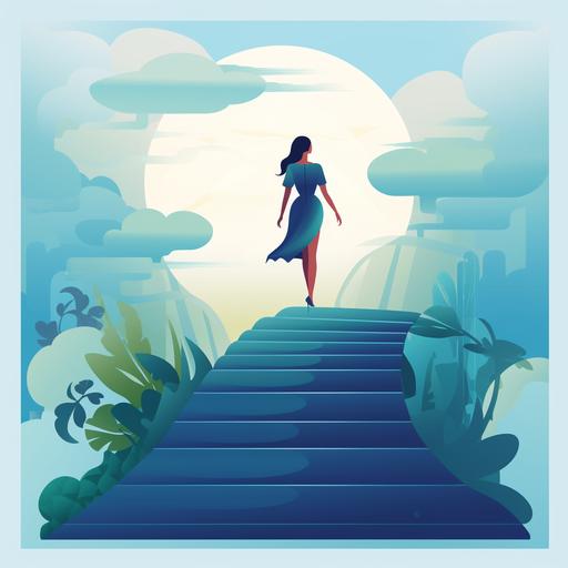 woman in formal clothes, climbing the stairs, cartoon, achiving goals, illustration gradient, flat, vector, green and blue palette