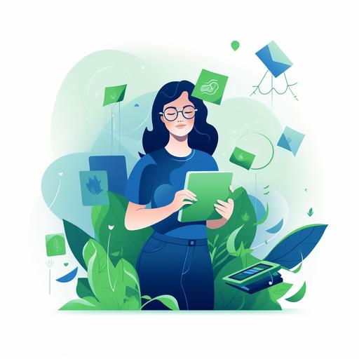 woman with completed tasks , flat illustration, blue and green gradient, white background