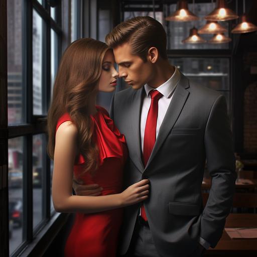 ultra realistic image of a beautiful girl with brown hair in red dress looking with passion at the handsome guy in grey business suit