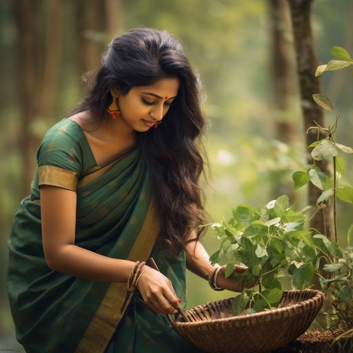 a cute lady is plucking flowers from a plant she is wearing traditional kasavu saree dress, the lady is holding a basket for collecting the flowers
