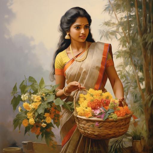 a cute lady is plucking flowers from a plant she is wearing traditional kasavu saree dress, the lady is holding a basket for collecting the flowers