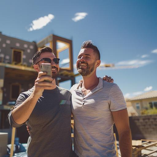 a happy gay couple taking a photo of their new construction home in phoenix, arizona, film quality