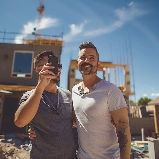 a happy gay couple taking a photo of their new construction home in phoenix, arizona, film quality