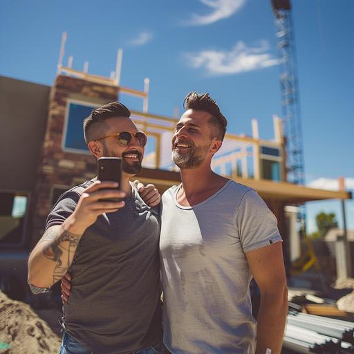 a happy gay couple taking a photo of their new construction home in phoenix, arizona, film quality