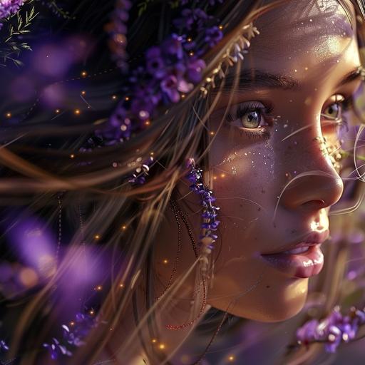 7739_Animated avatar, charming girl with lush hair fluttering in the wind, boho style, beads in her hair, flowers in her hair, bokeh effect, glow, light smile, big and beautiful eyes, hyperrealism, deep and beautiful background, purple, gold, shining , magical --ar 1:1