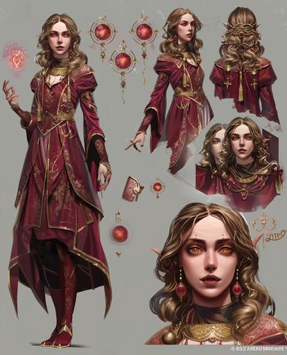 character reference sheet, the Lady Dream Magus, dynamic poses and archetypal expressions, several headshots at different angles, 3d modeled, beautifully hand painted rose and gold color scheme--v 6.0  --v 6.0 --ar 59:73