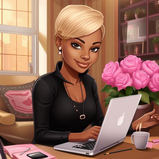 A realistic cartoon of a black woman with a very light skin smiling. She is wearing black leather pants with a pink button down shirt, diamond jewelry. She has a platinum blonde short boy buzz haircut. She is sitting at a clear glass desk with an open laptop and an iPhone off to the side. There are pink roses in a vase in the right upper corner. There is a sign on the wall behind her that reads 'The Life You Crave'.