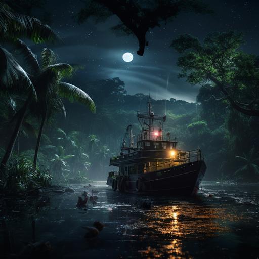 The middle of the Amazon jungle, wallpaper, photo realistic, with a little modern scientific research ship, by night, dark atmosphere