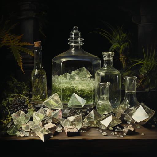 a detailed still life oil painting of crystals surrounded by plants and glass bottles on a wooden table, pontillism, scumbling, in the style of light white and dark green, 1800s, domesticity, meticulous detail, american scene painting, haunting images, american tonalism, meticulous detail, chiaroscuro, in the style of william merritt chase --s 50 --style raw