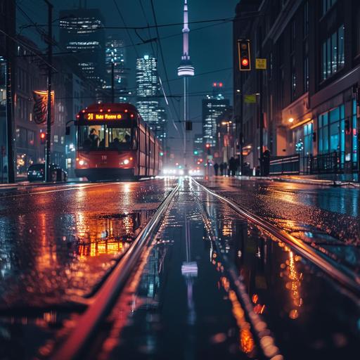 a Toronto transit car driving down a wet street at night in downtown Toronto, the transit car is driving away from the frame and towards the CN tower and rodgers centre, its night the roads are wet and reflections from the warm city lights are seen on the road 