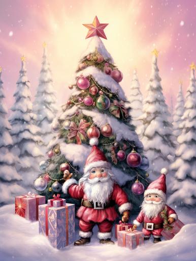 the image is from a christmas snowman, tree, and presents, in the style of light crimson and pink, vibrant stage backdrops, cottagepunk, ricoh ff-9d, realistic brushwork, soft shading, cute cartoonish designs --ar 3:4