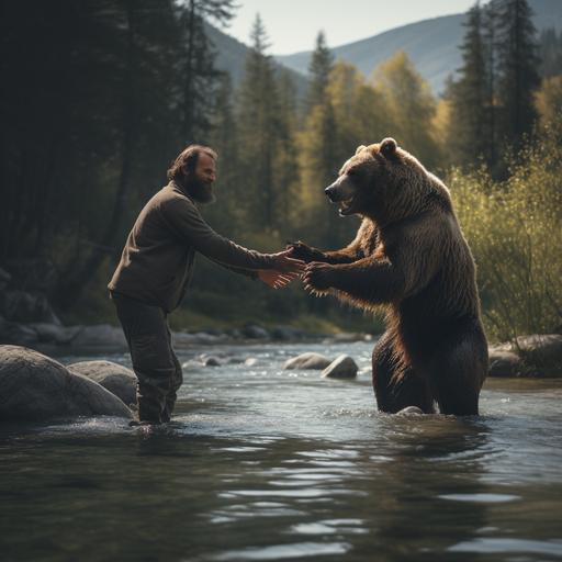 A surreal yet convincing image where a bear dances harmoniously with a man beside a tranquil river. Utilize the Zeiss Loxia 35mm f/2 lens to encapsulate their graceful movements. Experiment with cinematic lighting, blending natural and artificial light to create a captivating scene that evokes emotions and connection.