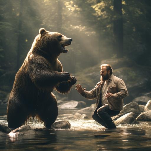 A surreal yet convincing image where a bear dances harmoniously with a man beside a tranquil river. Utilize the Zeiss Loxia 35mm f/2 lens to encapsulate their graceful movements. Experiment with cinematic lighting, blending natural and artificial light to create a captivating scene that evokes emotions and connection.