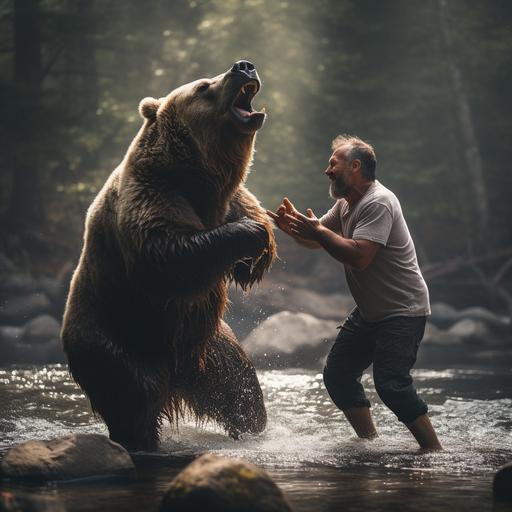 A surreal yet convincing image where a bear dances harmoniously with a man beside a tranquil river. Utilize the Zeiss Loxia 35mm f/2 lens to encapsulate their graceful movements. Experiment with cinematic lighting, blending natural and artificial light to create a captivating scene that evokes emotions and connection.