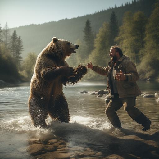 A surreal yet convincing image where a bear dances harmoniously with a man beside a tranquil river. Utilize the Zeiss Loxia 35mm f/2 lens to encapsulate their graceful movements. Experiment with cinematic lighting, blending natural and artificial light to create a captivating scene that evokes emotions and connection.