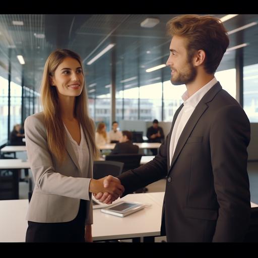 first person POV shaking hands with partner in a modern office
