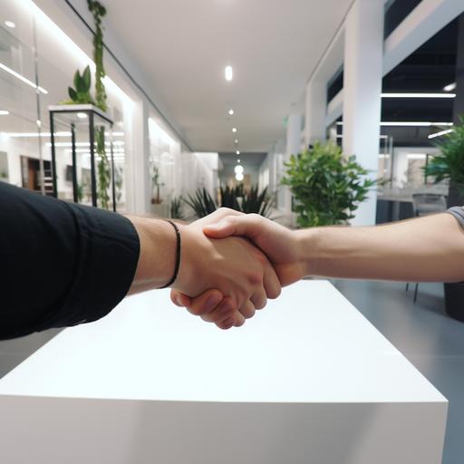 first person POV shaking hands with partner in a modern office