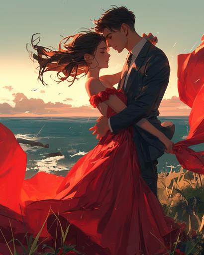 A woman wearing a bright red rose dress with a very long hem and a man in a gray suit embracing each other on a hill with a view of the sea, sunset --niji 6 --ar 4:5