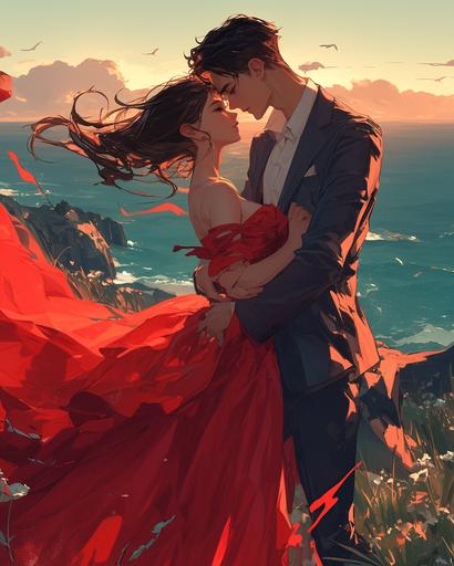 A woman wearing a bright red rose dress with a very long hem and a man in a gray suit embracing each other on a hill with a view of the sea, sunset --niji 6 --ar 4:5