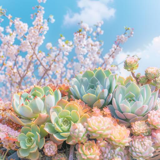 Lots of succulents, blue sky and cherry blossoms in full bloom in the background, pastel colors