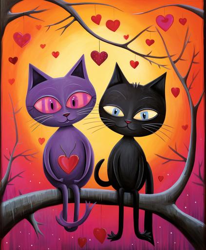 2 Cat Vampires love each other sitting on branch in a style of lucy grosssmith in the style of english cottage, tone ,otherworldly illustrations, bold color palette,gouache, romanticized country life, wimmelbilder, , pont - aven school, children's book illustrations, pink , purple , red , --ar 19:23 --v 5.2