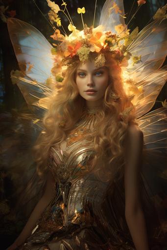 Portrait of Fairy , The crown jewel, situated at the pinnacle of the monarch's regalia, radiated with the glow of elytra enchantment , style of Lucy Cavendish , vivid and vibrant , --ar 2:3