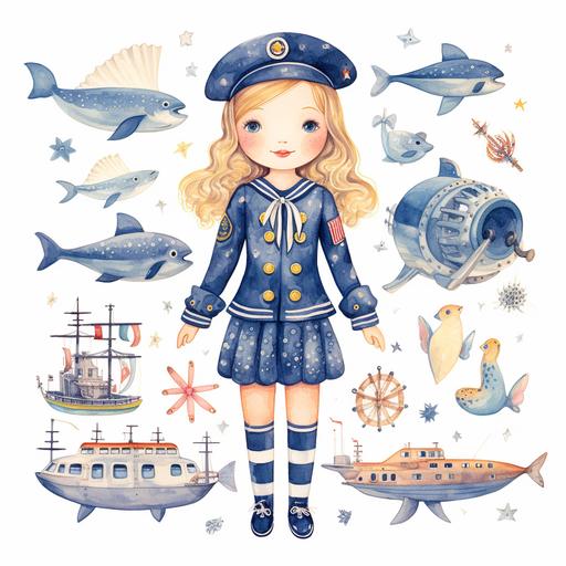 paper doll, SAILOR country girl, full body vintage watercolor, A young girl becomes the captain of a toy submarine, dressed in a miniature sailor outfit with a captain's hat featuring a whaleshark emblem , bright , vibrant