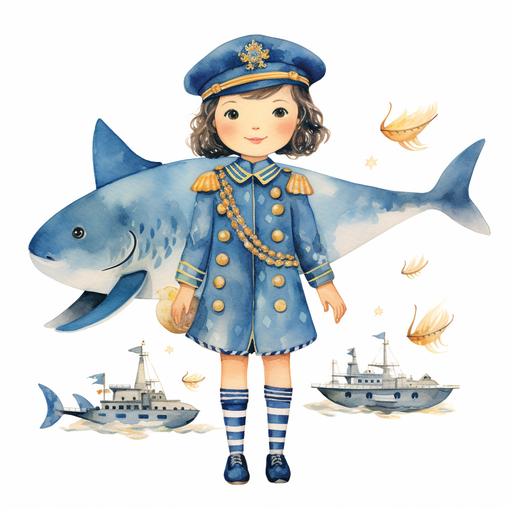 paper doll, SAILOR country girl, full body vintage watercolor, A young girl becomes the captain of a toy submarine, dressed in a miniature sailor outfit with a captain's hat featuring a whaleshark emblem , bright , vibrant