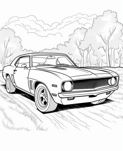 Coloring Book for kids, Muscle Cars, Cartoon Style, Thick Lines, Low Detail, No Shading, --ar 9:11