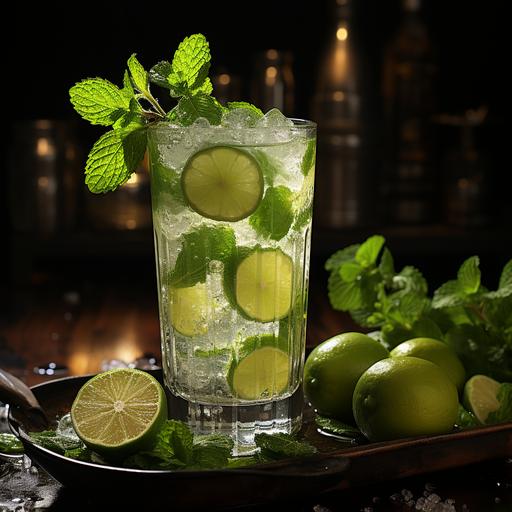 A realistic photo of a Mojito is a symphony of fresh and vibrant colors. In a tall clear glass, the bright green of freshly muddled mint leaves contrasts with the gentle translucent glow of the liquid. Pieces of lime, cut into wedges or slices, float among the crushed ice, adding a visual hint of tartness. The slight effervescence of soda water sparkling in the cocktail creates tiny bubbles that rise to the surface. The whole is crowned with a lime slice or a sprig of mint, adding an elegant finishing touch. With its distinct layers of colors and varied textures, the drink is as pleasing to the eye as it is to the taste. --s 750