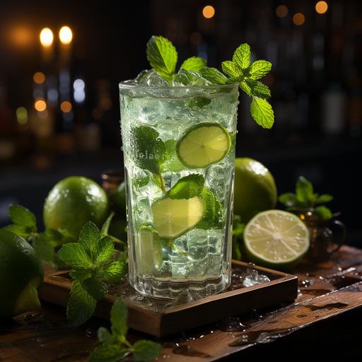 A realistic photo of a Mojito is a symphony of fresh and vibrant colors. In a tall clear glass, the bright green of freshly muddled mint leaves contrasts with the gentle translucent glow of the liquid. Pieces of lime, cut into wedges or slices, float among the crushed ice, adding a visual hint of tartness. The slight effervescence of soda water sparkling in the cocktail creates tiny bubbles that rise to the surface. The whole is crowned with a lime slice or a sprig of mint, adding an elegant finishing touch. With its distinct layers of colors and varied textures, the drink is as pleasing to the eye as it is to the taste. --s 750