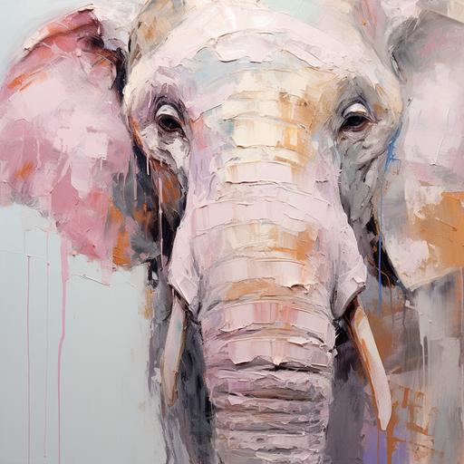 An abstract portrait of a soft-eyed elephant, oil painting on raw linen canvas, alla prima gestural style, in the style of Paul Hedley, gray and pink, close-up, flat figuration, detailed portraits, hard edge painter , delicate color palette, textile art, figurative abstract oil portrait, textured expressionist portrait, pensive poses.
