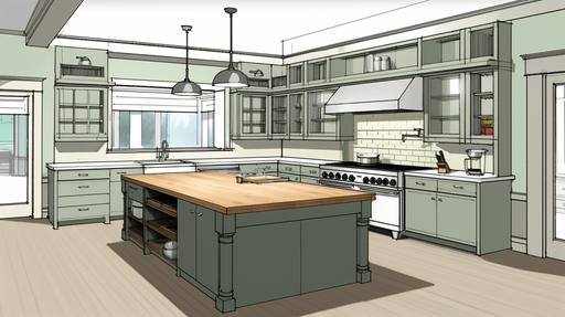 Interior design drawing of a spacious 15'x12' room with two large windows on one wall, and a swinging door on a wall opposite the windows, the room is intended to be used as a kitchen, showing a custom island with a granite countertop measuring 8 feet in length, a farmhouse sink, a built-in oven, ample storage cabinets, and a coffered ceiling with pendant lighting --ar 16:9