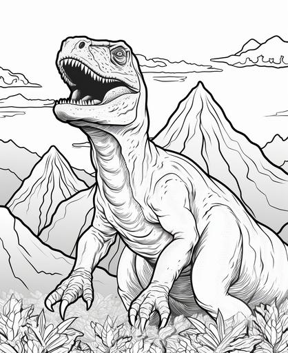 coloring page , dinosaur in front of a volcano, cartoon style, thick lines, low detail, no shading --ar 9:11