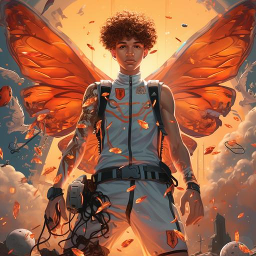 Basketball player lamelo Ball with two robotic arms, a diamond face, 8-bit shoes holding a basketball thats on fire, while he's being surrounded by octopus and butterflies