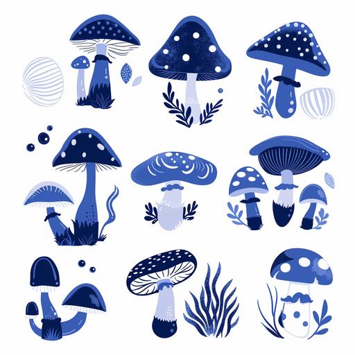 Vibrant cartoon mushrooms icons set vector illustration with a navy blue color scheme on a white background. The simple shapes feature a cute underwater design showing side views. Flat colors and flat shading are used against a flat background with simple design elements in a flat style. The vector graphics are high resolution and high detail 2D images in the style of vector graphics. --style raw --v 6.0