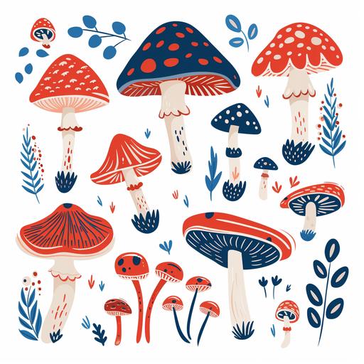 Vibrant cartoon mushrooms red tops, icons set vector illustration with a navy blue color scheme on a white background. The simple shapes feature a cute underwater design showing side views. Flat colors and flat shading are used against a flat background with simple design elements in a flat style. The vector graphics are high resolution and high detail 2D images in the style of vector graphics. --style raw --v 6.0