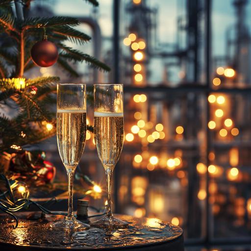 create greetings card with champagne glasses and Christmas tree, Chemical Plant on the background ,without bokeh effect--ar 3:2 --style raw --stylize 50 --v 6.0