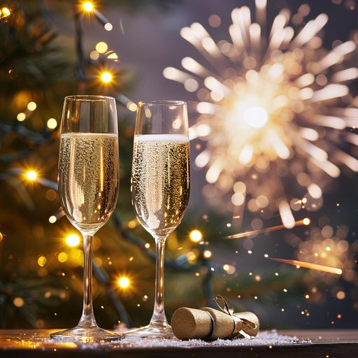 create greetings card with champagne glasses and Christmas tree, Chemical Plant and fireworks on the background ,without bokeh effect--ar 3:2 --style raw --stylize 50 --v 6.0