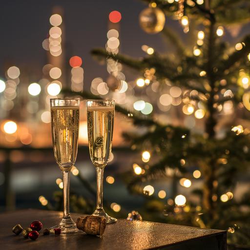 create greetings card with champagne glasses and Christmas tree, Chemical Plant on the background ,without bokeh effect--ar 3:2 --style raw --stylize 50 --v 6.0