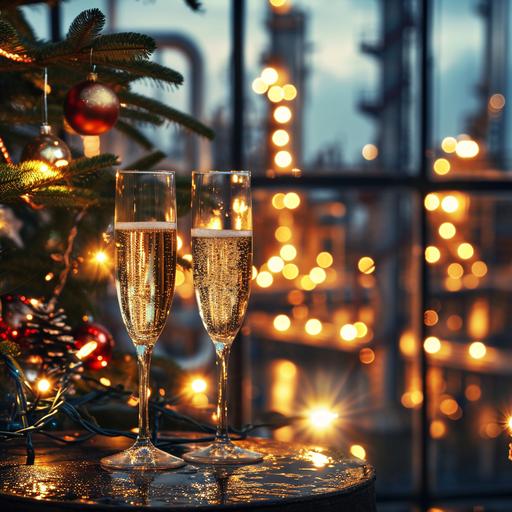 create greetings card with champagne glasses and Christmas tree, Chemical Plant on the background ,without bokeh effect--ar 3:2 --style raw --stylize 50 --v 6.0