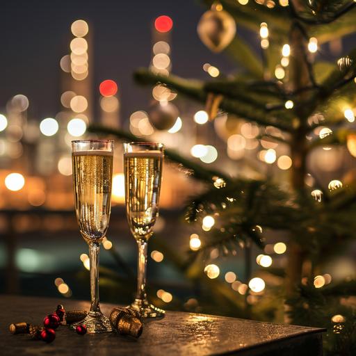 create greetings card with champagne glasses and Christmas tree, Chemical Plant on the background ,without bokeh effect--ar 3:2 --style raw --stylize 50 --v 6.0